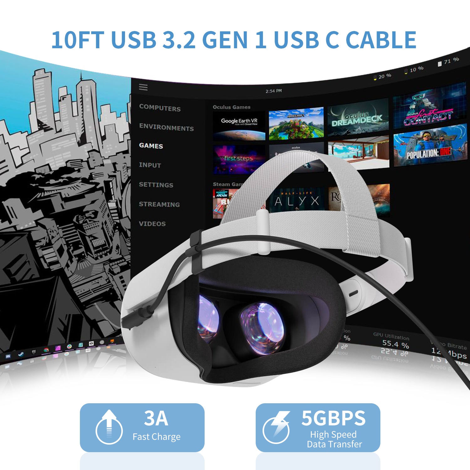 Cable de enlace ZyberVR de 10 pies/3 m con puerto USB-C para Quest 2