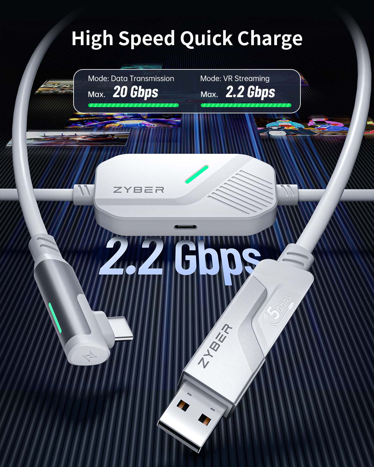 ZyberVR USB-A/C to USB-C Streaming and Charging Cable