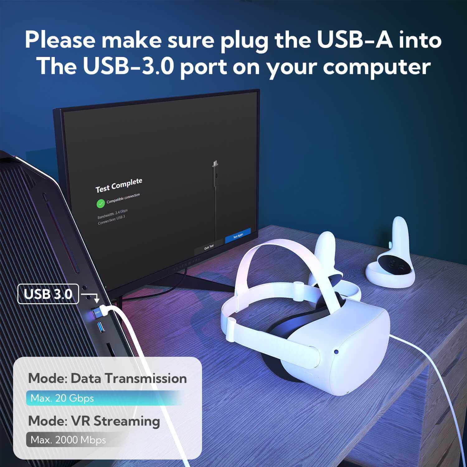 Cable de enlace ZyberVR USB-A a USB-C de 16 pies/5 m con indicador LED